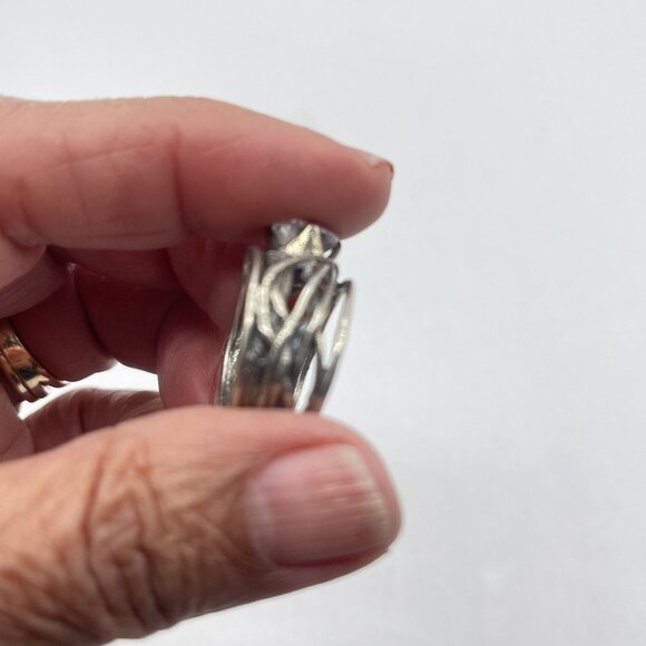 Handcrafted 925 Silver Ring With Large Clear Gemstone Intricate Band Design Size - Picture 4 of 10